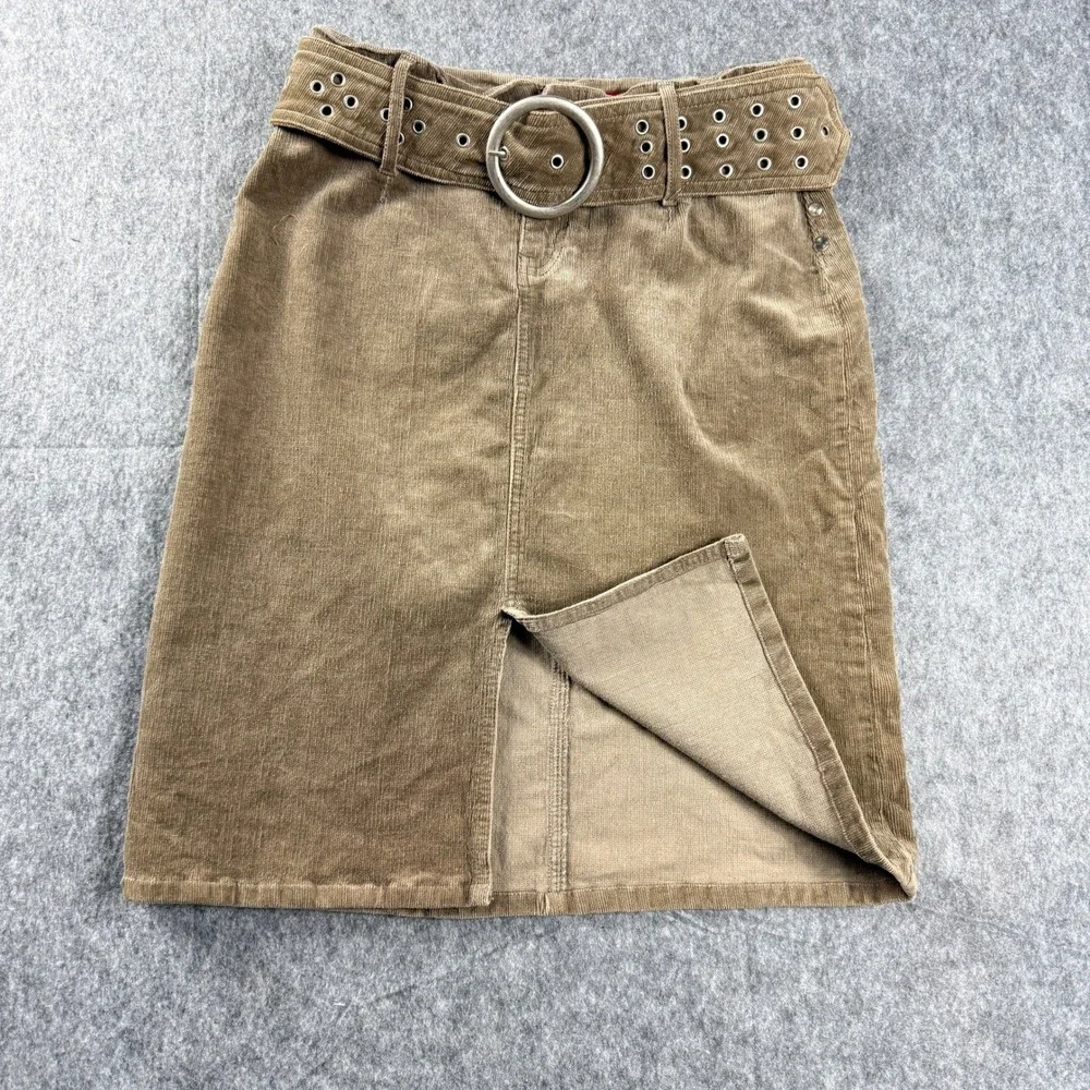 Vanilla Star Women's Skirt 9 Tan Brown Corduroy Pencil Skirt‎ w Grommet Belt Y2K